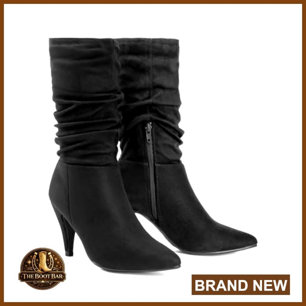 Slouchy Mid Calf Boots Pointed Toe Stiletto Heels Faux Suede Fall Winter - Picture 4 of 7